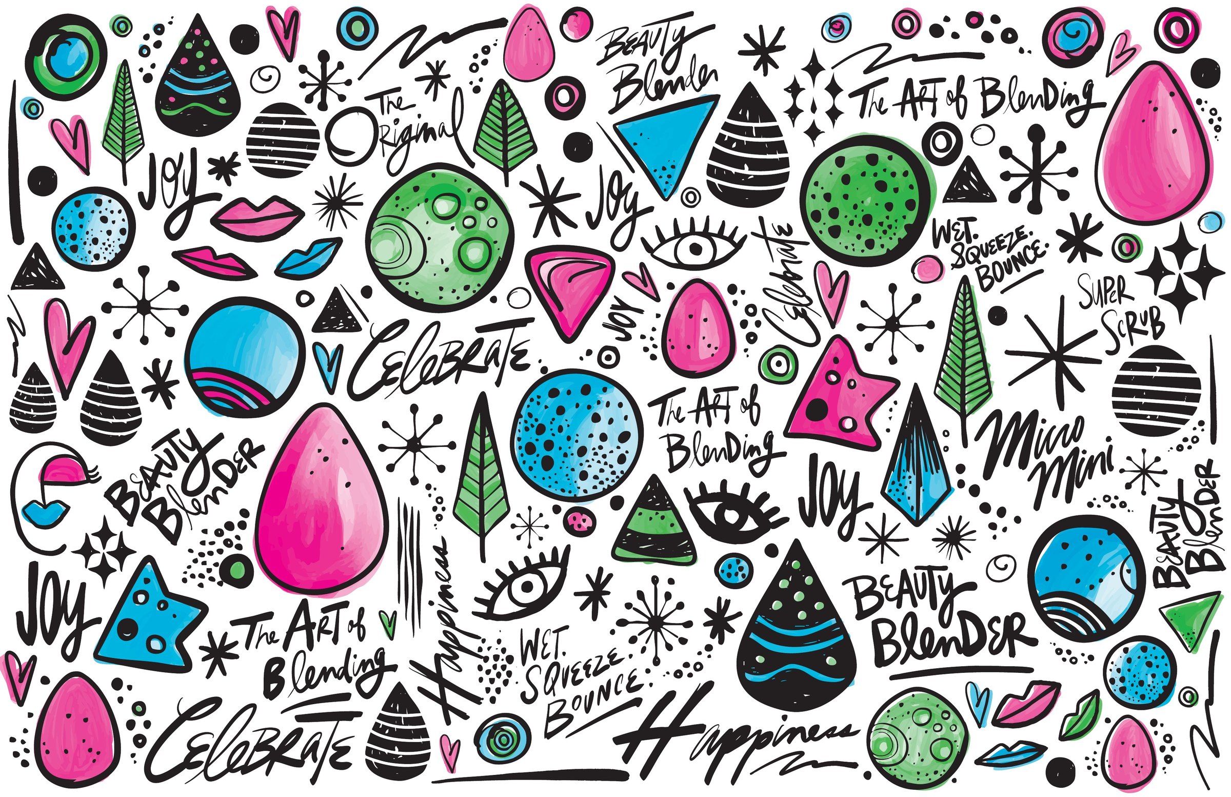 The Beautyblender Holiday 2025 pattern, hand drawn: sponges, stars, swirls and script
