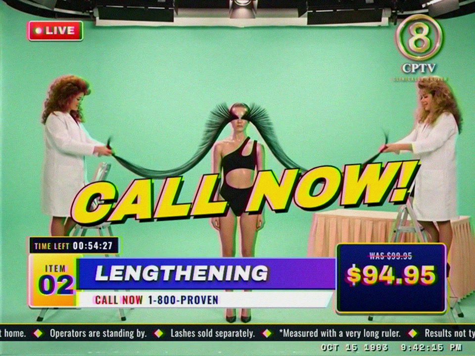 CLINICALLY PROVEN, Ep. 02, Lengthening: two lab coats on stepladders stretch a model’s lashes across a green studio under CALL NOW!, the price dropped to $94.95