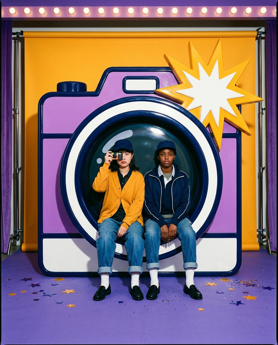 Old Navy The Culture Club: two friends in denim and navy sitting inside the lens of a giant camera