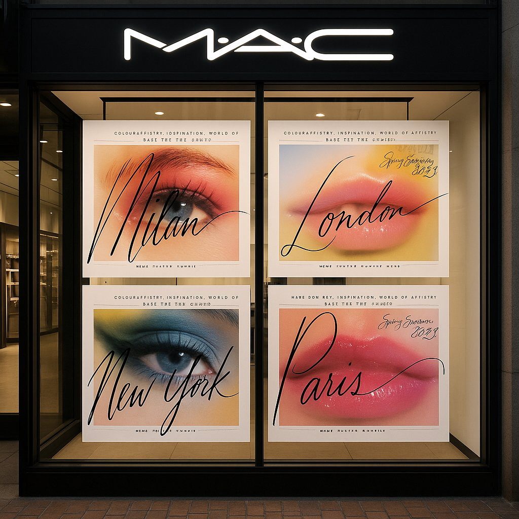M·A·C store windows with hand-lettered Milan, London, New York and Paris trend posters