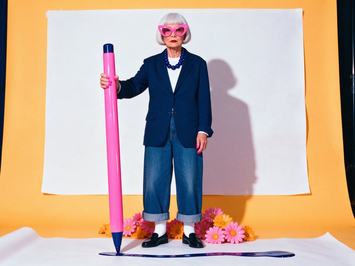 The Edit campaign concept: a stylist in pink cat-eye glasses and a navy blazer holding a giant pink pen