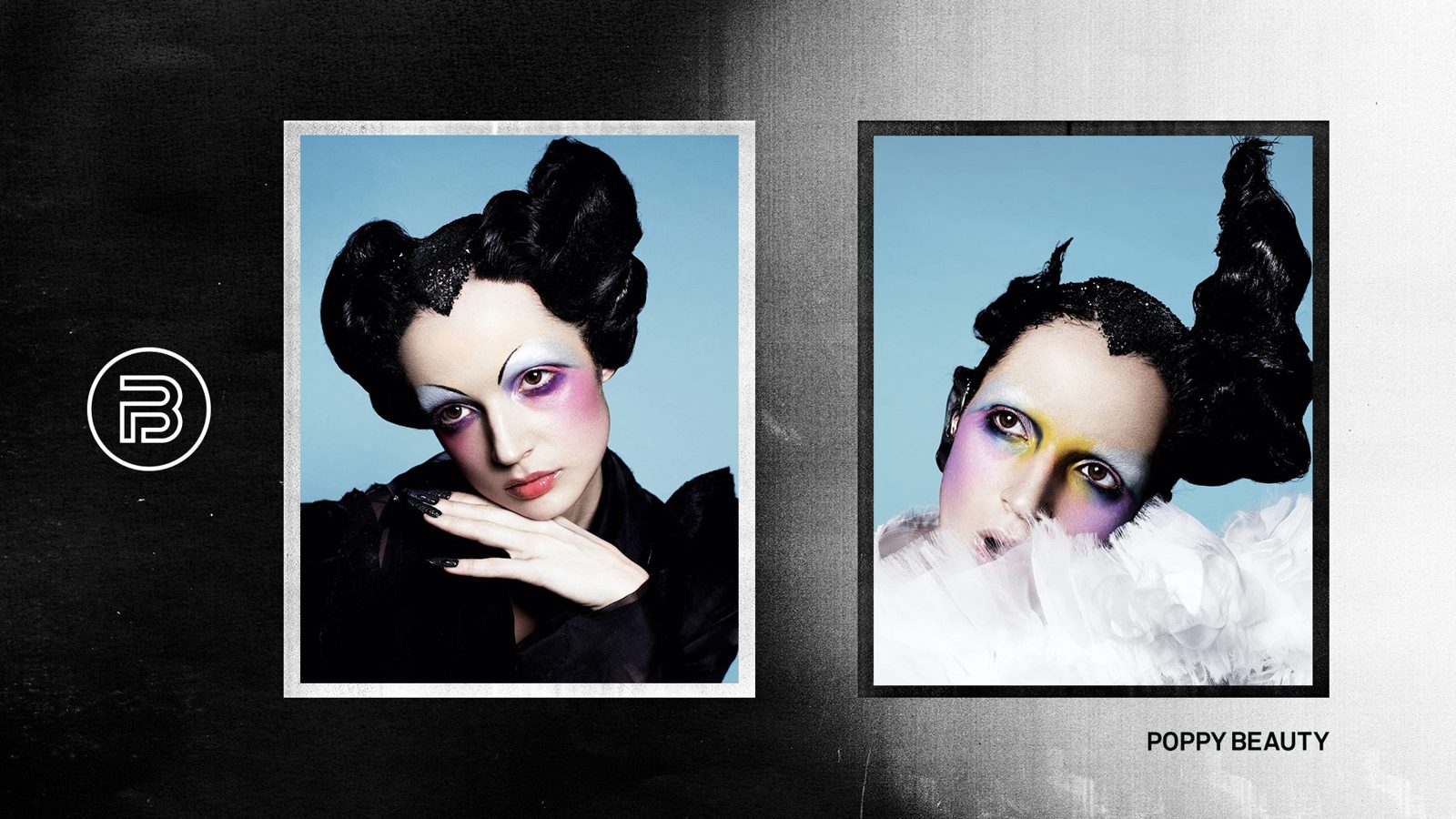 Poppy Beauty campaign portraits beside the PB monogram