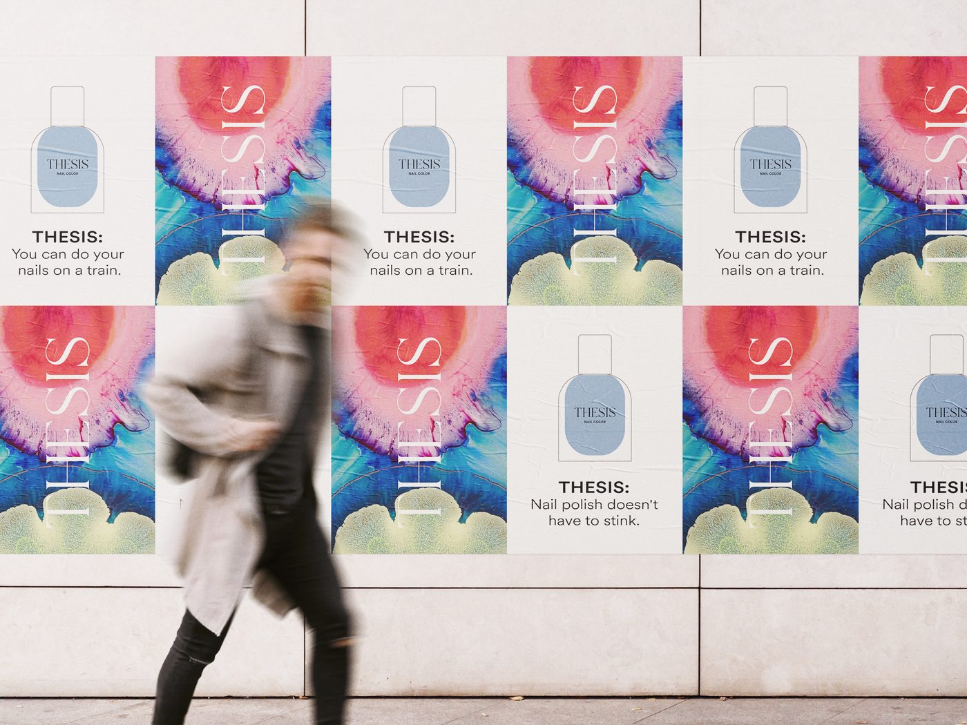 THESIS wild posting mockup: posters of a blue bottle and the vertical wordmark on marbled color